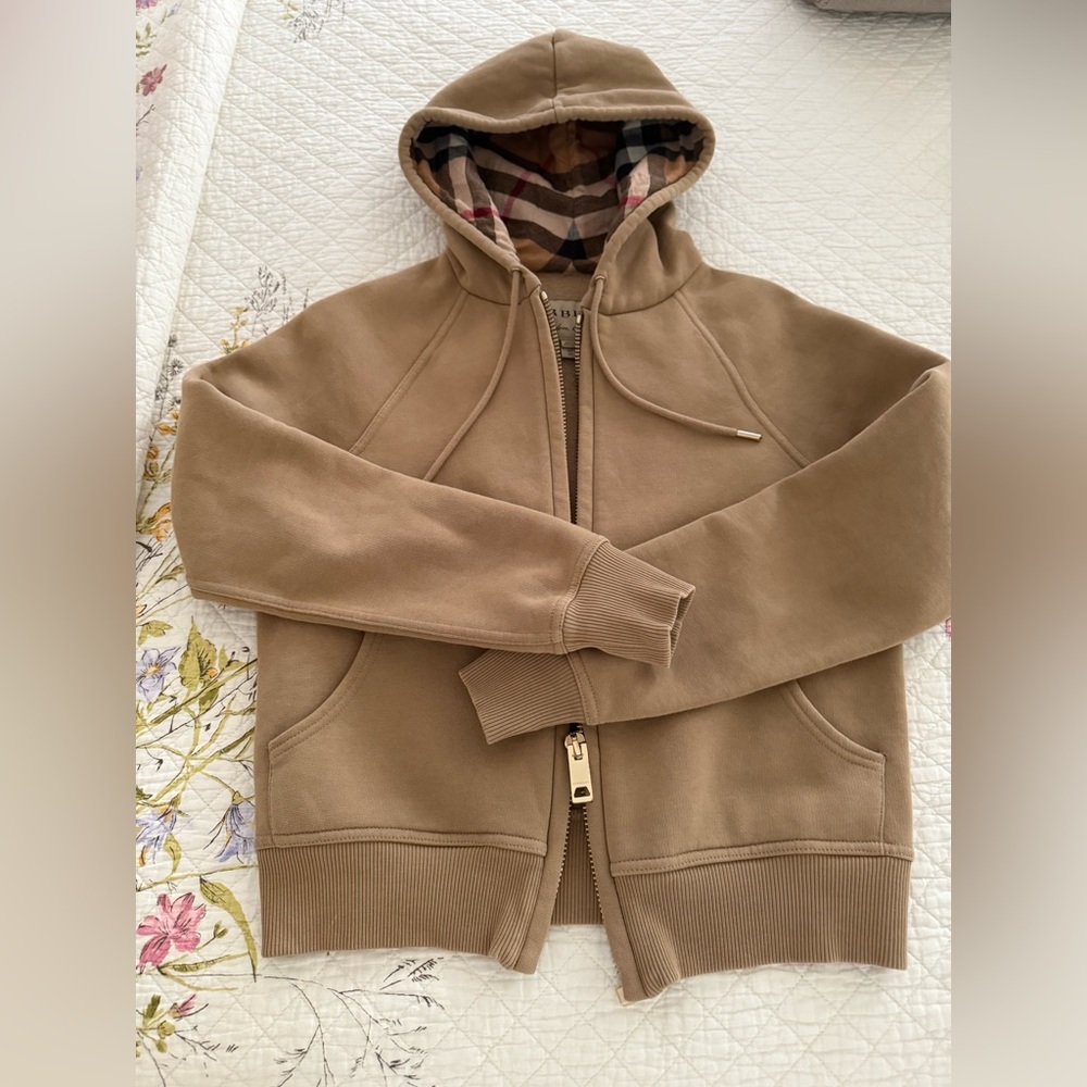 Burberry Women  Check Trim Cotton-Blend Zip Hoodie, Beige